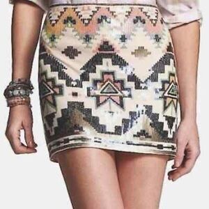 Express Women XS Festive Party Boho Sequin Aztec Print High Rise Mini Skirt